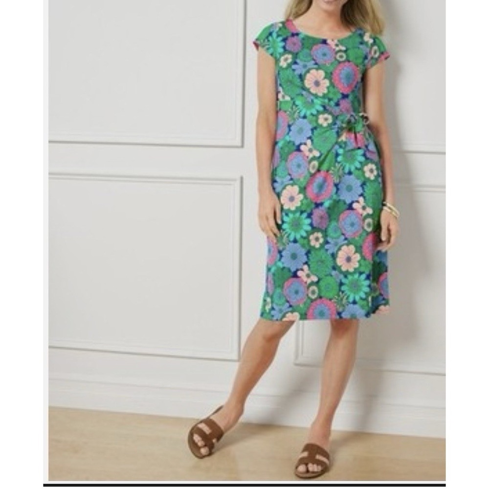 Talbots Women's XL  Effortless Jersey Floral Tie DressGreen Blue‎ Summer Vibrant